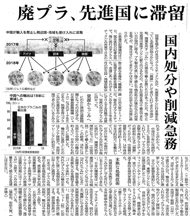 新聞記事「廃プラ、先進国に滞留 国内処分や削減急務」